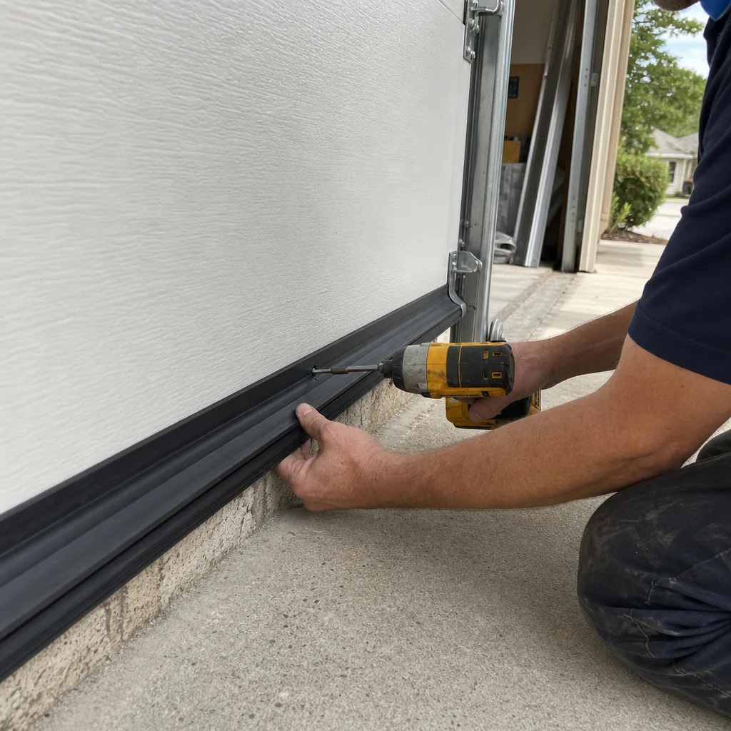 Technician installing a garage door bottom weather seal with a drill