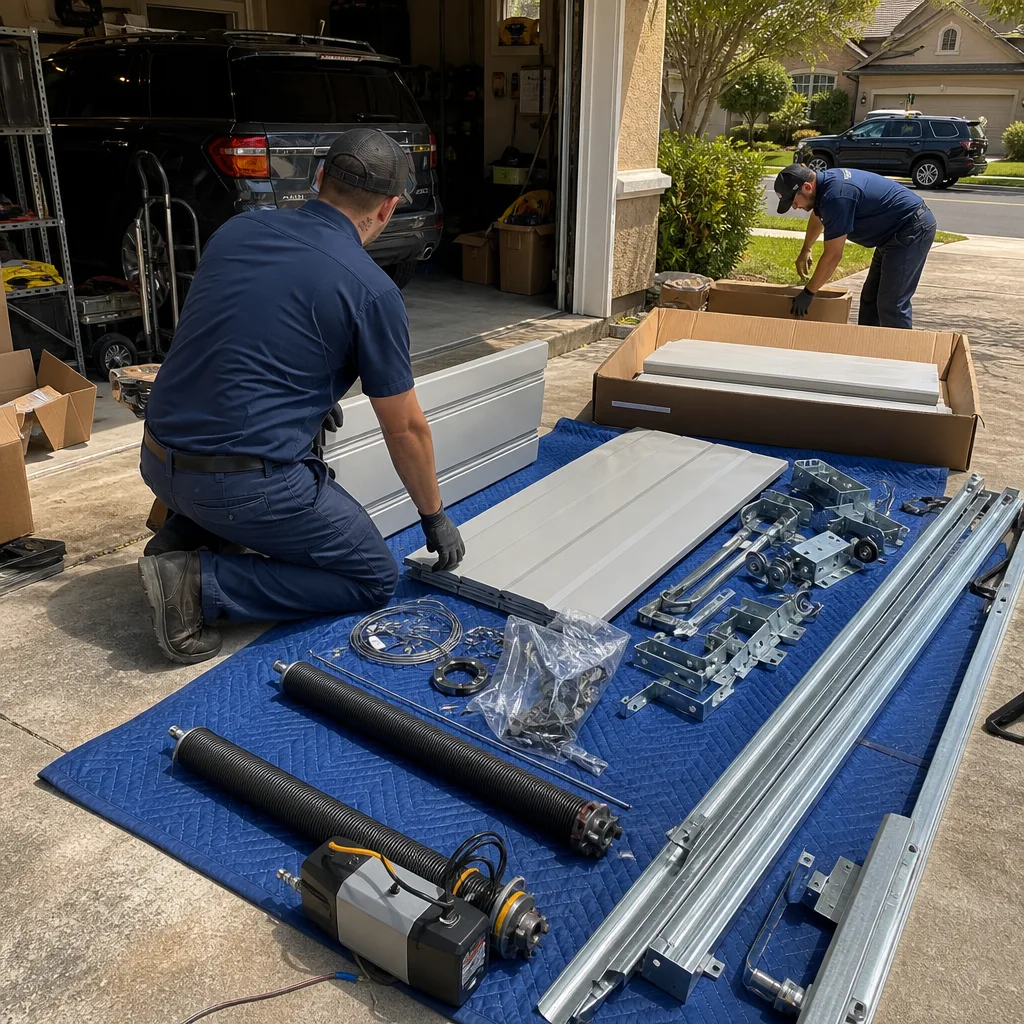 Technicians preparing parts for professional garage door installation services.