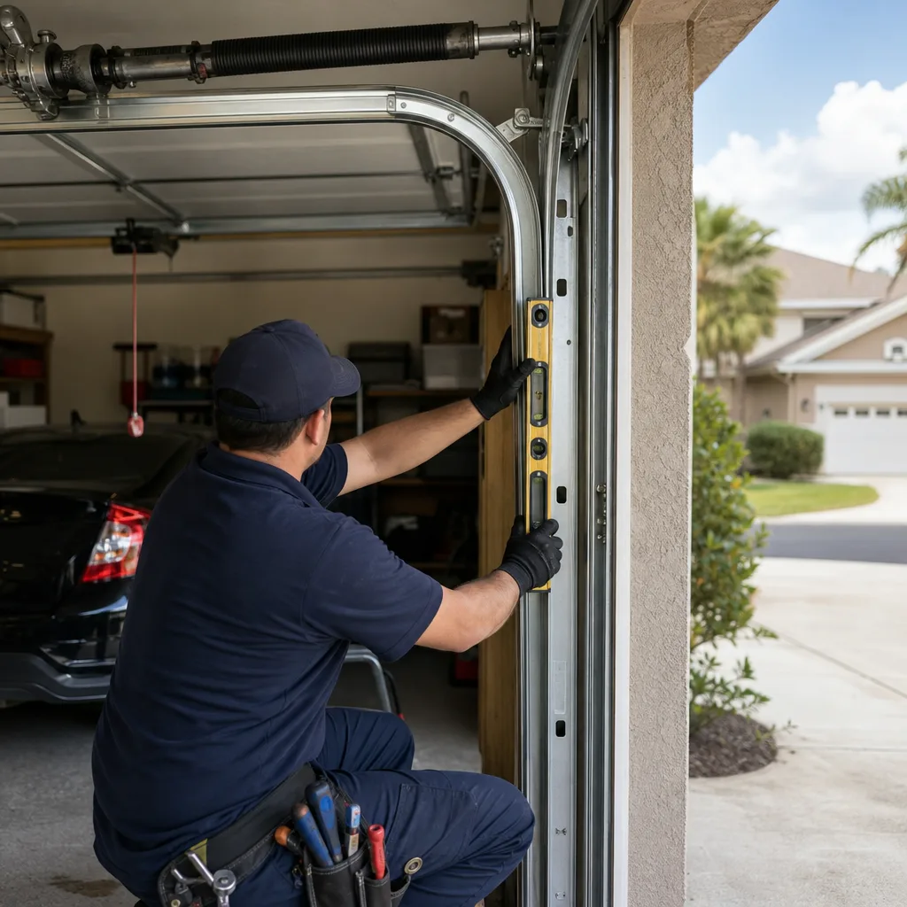 Technician using a level to repair a garage door track