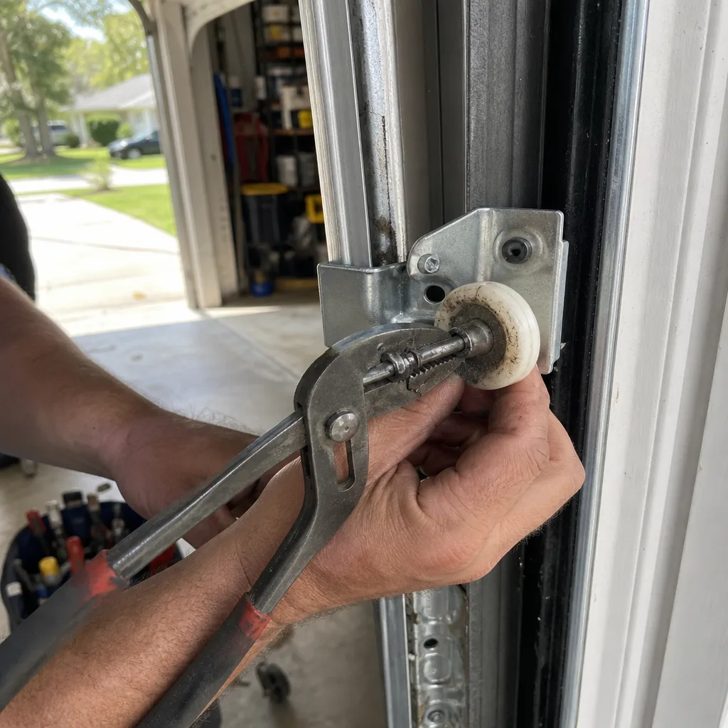 Technician repairing a garage door roller on a metal track