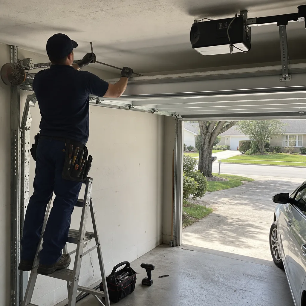 Technician performing professional garage door spring repair and maintenance